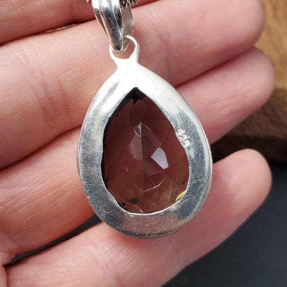 18 Inch Sterling Silver Large Smokey Quartz Gem Pendant Necklace - Picture 6 of 9